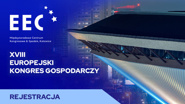 W lewej części grafika z literami EEC, z prawej fragment budynku - katowickiego spodka