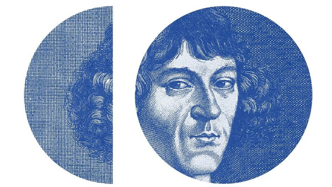 An image in the shades of blue representing the face of Nicolaus Copernicus.