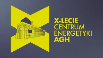 Żółta grafika na szarym tle z napisem X lecie Centrum Energetyki. Pod grafiką logotypy partnerów wydarzenia