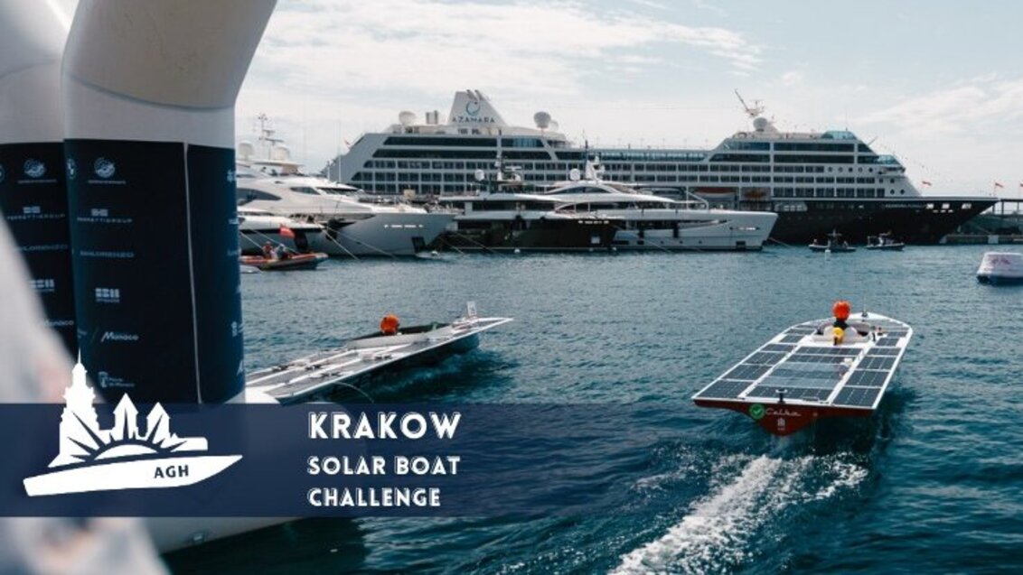 A promotional image of the Krakow Solar Boat Challenge with a logo of the event to the left. The image shows solar boats sailing in a bay with cruise ships and yachts in the background.