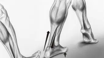 Grafika dekoracyjna pokazująca umiejscowienie jednego ze ścięgien na ludzkiej nodze (okolice pięty)