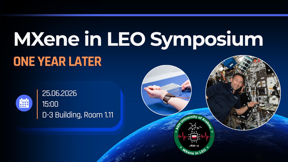 A poster of the MXene in Leo Symposium with time, date and place of the event and photographs of the experiment over a dark blue background.