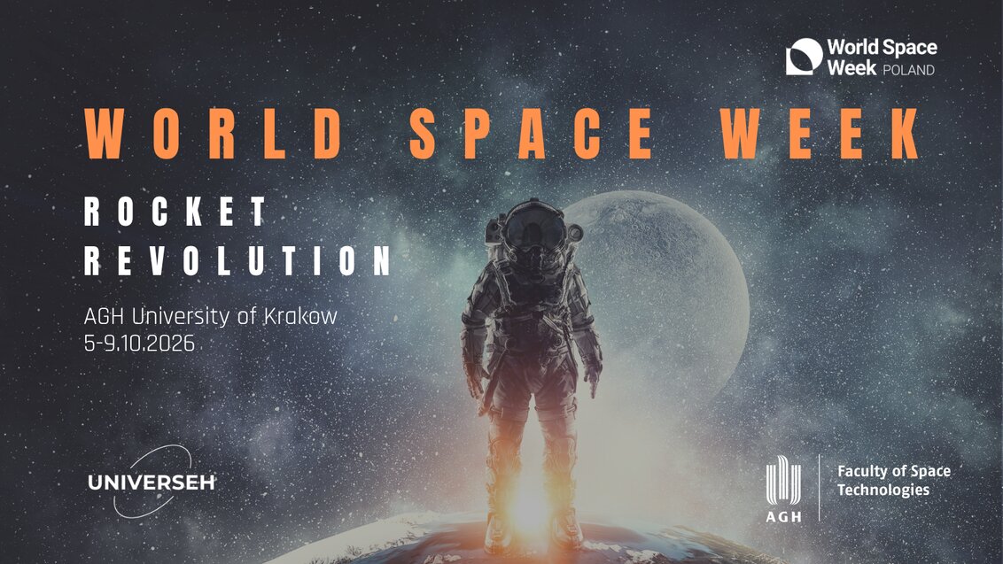 Promotional banner featuring an astronaut against a space backdrop with a planet, highlighting events at the AGH University of Krakow, held from 5 to 9 October 2025.