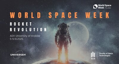 Promotional banner featuring an astronaut against a space backdrop with a planet, highlighting events at the AGH University of Krakow, held from 5 to 9 October 2025.