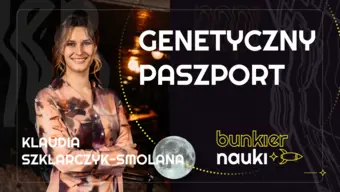 Grafika ilustracyjno-informacyjna z podtytułem odcinka pop!castu („Genetyczny paszport”), imieniem i nazwiskiem gościni-rozmówczyni oraz jej zdjęciem.