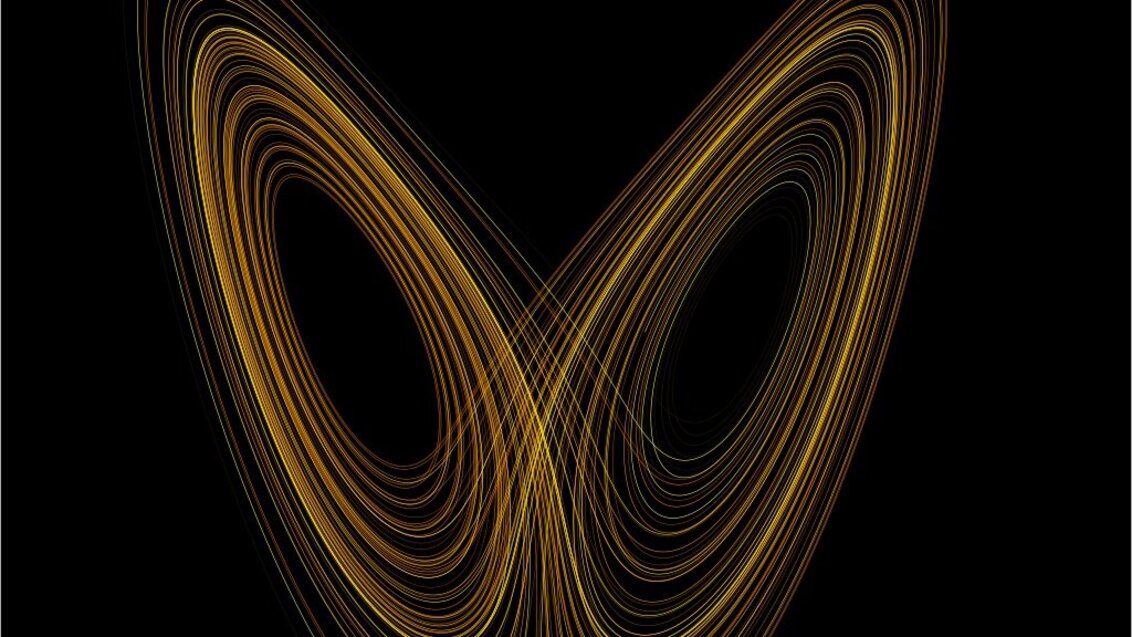 Grafika przedstawia słynną trajektorię układu Lorenza, która przypomina wyglądem motyla. Jego skrzydła tworzą cienkie okręgi zmierzające koncentrycznie do środka.
