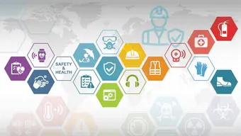 Kolorowa grafika dekoracyjna z ikonkami przedstawiającymi pojęcia związane z higieną i bezpieczeństwem.