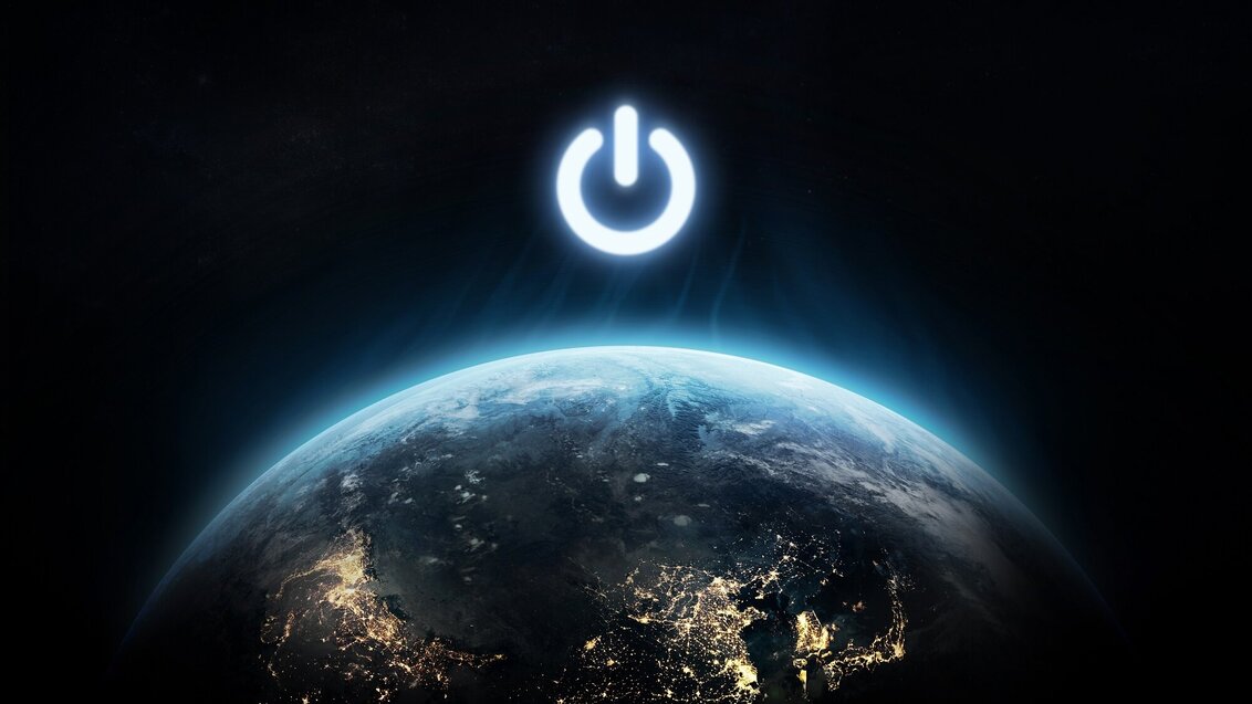 Planet Earth. Above it, a graphic symbol of the power button.
