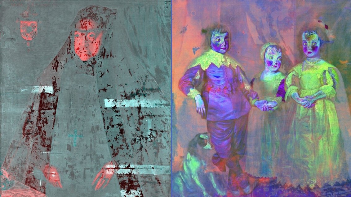 Zestawione obok Przykłady analizy obrazów olejnych techniką obrazowania multispektralnego. Są niewyraźne, sporo szczegółów jest niewidocznych, za to przebijają wyraźniej niektóre kolory (żółty, czerwony, fioletowy).