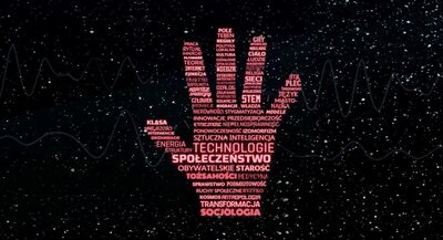 Abstrakcyjna grafika przedstawiająca ludzka dłoń, w której kształcie wpisane są hasła związane ze społeczeństwem, socjologią, technologią.