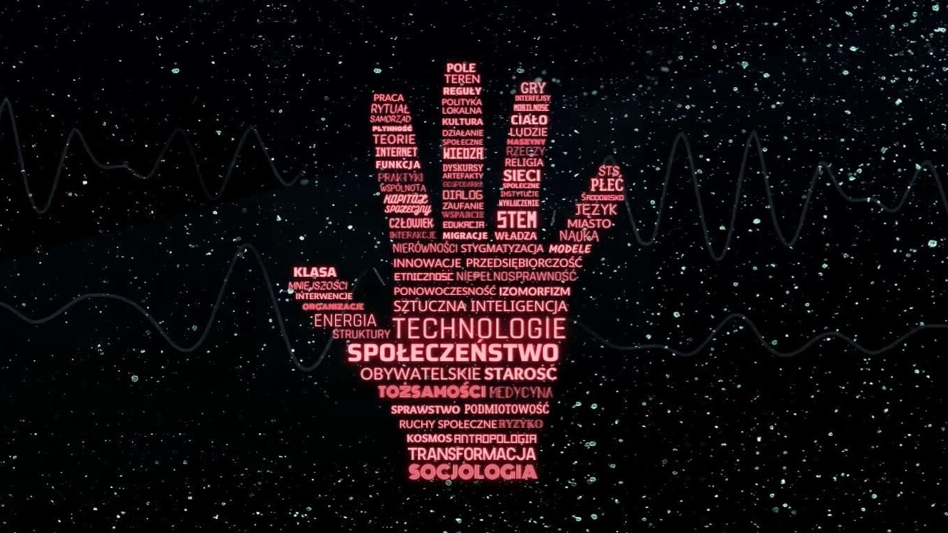 Abstrakcyjna grafika przedstawiająca ludzka dłoń, w której kształcie wpisane są hasła związane ze społeczeństwem, socjologią, technologią.