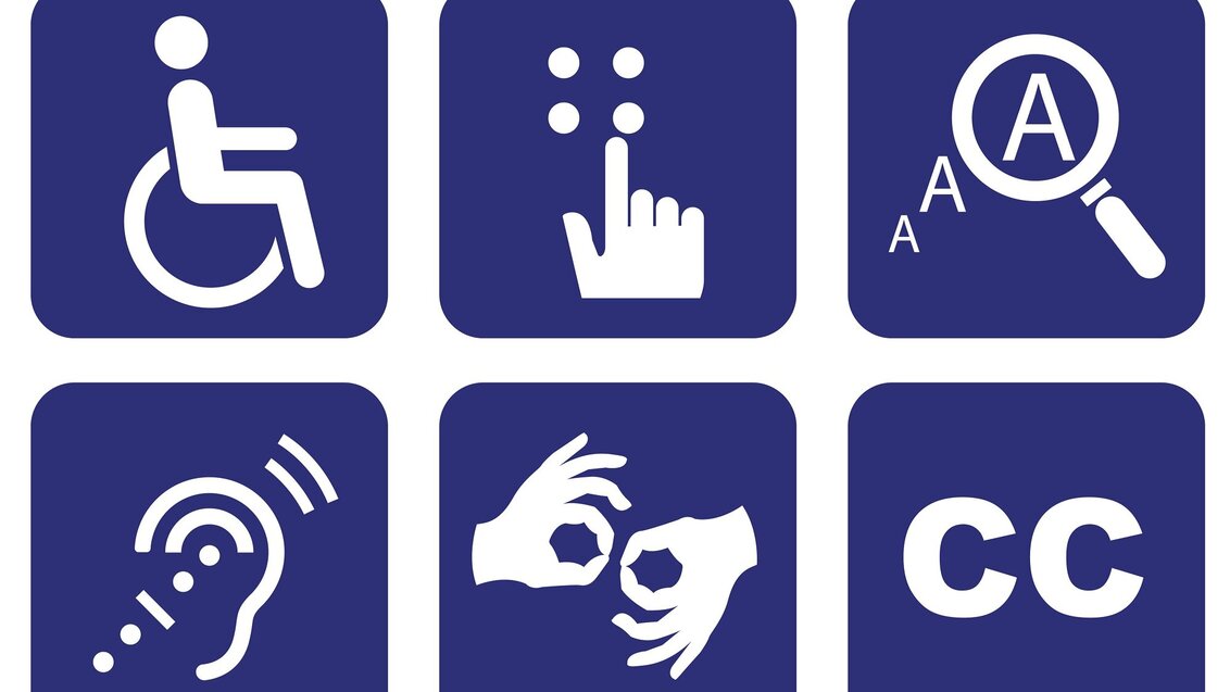 Image with various accessibility icons representing amenities for persons with disabilities