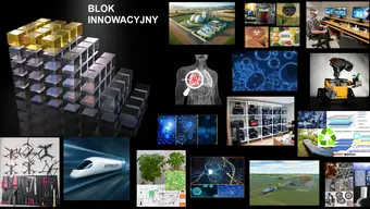 Grafika dekoracyjna promująca Blok Innowacyjny z kolażem zdjęć przedstawiających nowoczesne technologie, naukę, robotykę, biotechnologię i innowacyjne rozwiązania.