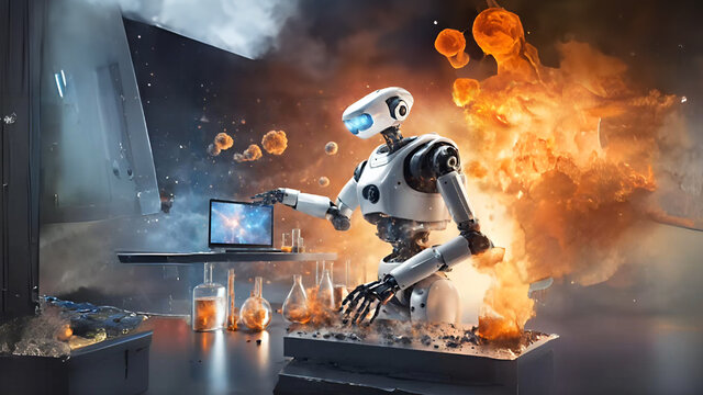Grafika prezentująca humanoidalnego robota przeprowadzającego doświadczenia chemiczne. Za jego placami widać słup ognia po eksplozji.