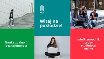 Grafika dekoracyjna z hasłami: "Witaj na pokładzie!", "nauka zdalna bez tajemnic", "miniPrzewodnik osoby studiującej online".