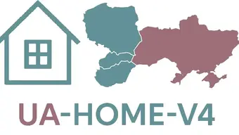 Grafik dekoracyjna: po lewej rysunek domu, po prawej mapa z zarysowanymi granicami Ukrainy, Polski, Słowacji i Węgier. Pod spodem napis UA-HOME-V4