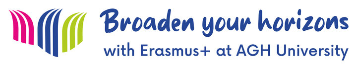 Image of a logo of Erasmus+ at AGH University with a slogan: broaden your horizons with Erasmus+ at AGH University