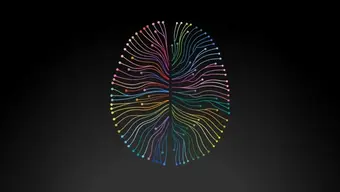 Abstrakcyjna ilustracja mózgu w formie kolorowych, rozchodzących się linii zakończonych punktami na czarnym tle, symbolizująca sieci neuronowe i połączenia.