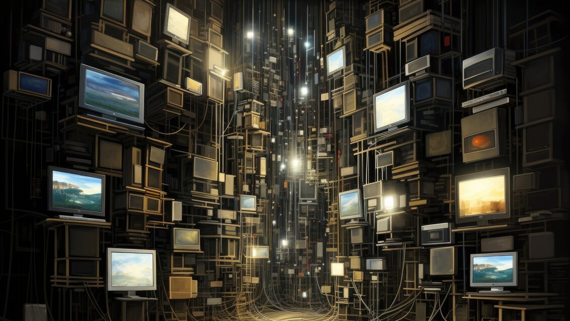 Grafika ilustracyjna przedstawiająca wirtualne pomieszczenie, w którym na wysokich półkach umieszczone są monitory i komputery. Do części z nich podpięte są kable.