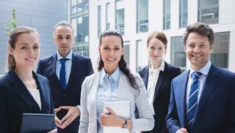 Na zdjęciu pięć osób (dwóch mężczyzn, trzy kobiety) w strojach biznesowych.