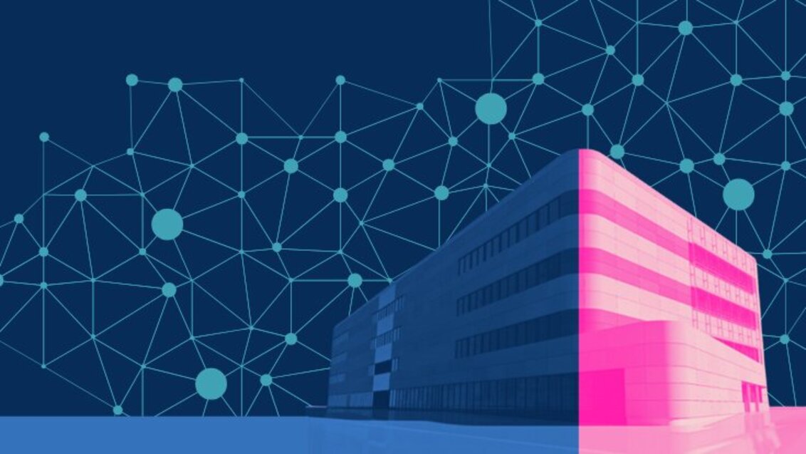 A decorative graphic image of the building of the Faculty of Computer Science in a network of interconnected dots.