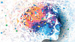 An abstract decorative graphic of a human head made of colourful triangles.