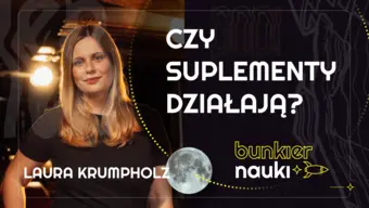 Grafika ilustracyjno-informacyjna z podtytułem odcinka („Czy suplementy diety działają?”), imieniem i nazwiskiem gościni-rozmówczyni oraz jej zdjęciem.