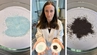 A collage of three images, the first image showing a Petri dish with light blue granules, the photo in the middle shows Dr Joanna Czechowska in a white lab coat holding two Petri dishes which are presented in the side pictures, the third image shows a Petri dish withc dark black granules.