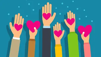 A decorative image of people reaching out with their hands holding hearts