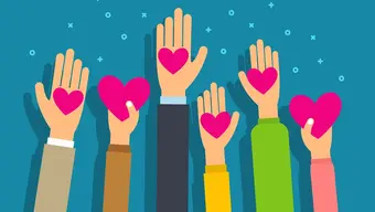 Kolorowa grafika ilustracyjna pzredstawiająca wyciągnięte ręce z sercami na dłoniach.