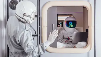 A visualisation of the inside of the habitat. Two people in space suits. One astronaut is waving to the other who sits in a cabin and works on a laptop.