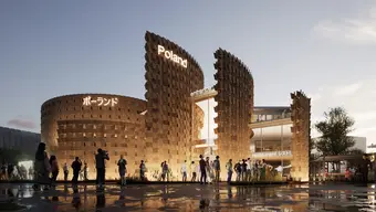 A digital representation of the Japanese EXPO building with a neon sign Poland on the upper part of the facade