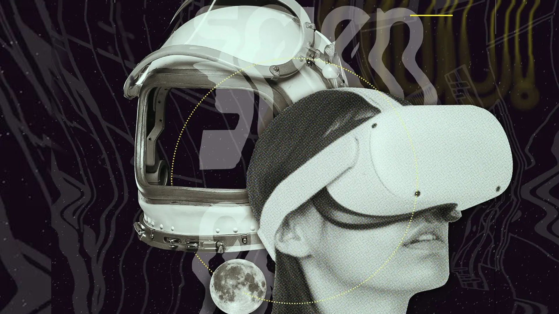 Abstrakcyjna grafika prezentujaca kask astronauty oraz głowę młodej kobiety z założónymi okularami VR.