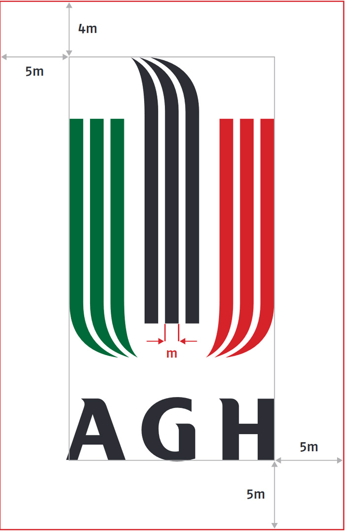 Logotyp AGH z zaznaczonymi liniami pomocniczymi pozwalającymi wymierzyć pole ochronne dookoła znaku.