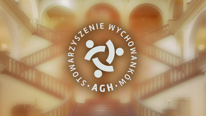 Grafika przedstawiająca napis Stowarzyszenie Wychowankó AGH wpisany w okrąg. Na jego tle widać zarys balustrad schodów.