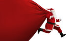 Grafika dekoracyjna. Na białym tle Św, Mikołaj biegnie trzymając na plecach wielki czerwony worek z prezentami. 