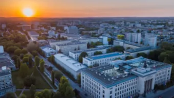 An aerial shot of the AGH University campus at sunset.