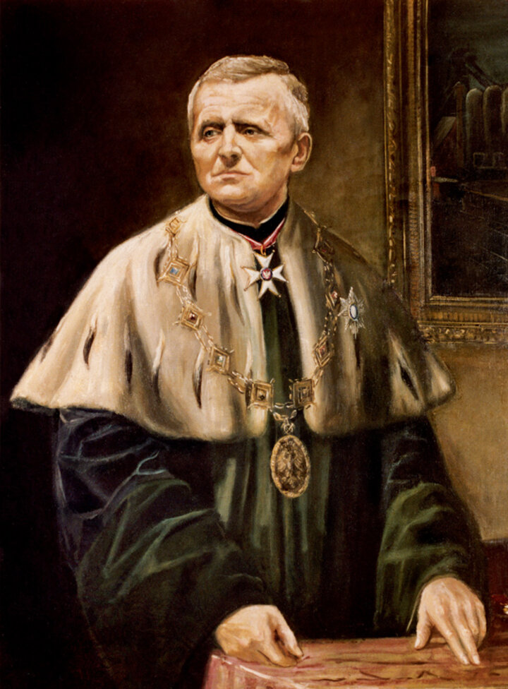 Portret przedstawiający Rektora w zielonej todze.