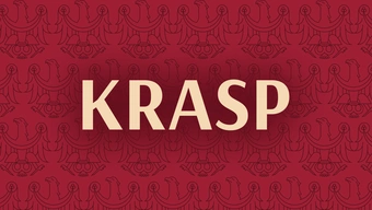 Grafika dekoracyjna. Na bordowym tle napis KRASP.