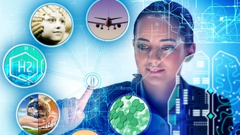 Abstrakcyjna grafika prezentująca młodą kobietę dotykającą zawieszonego w przestrzeni przycisku. Przycisk otaczają koła ze zdjęciami samolotu, dziecka, symbolu wodoru, kuli ziemskiej, schematu cząsteczek.