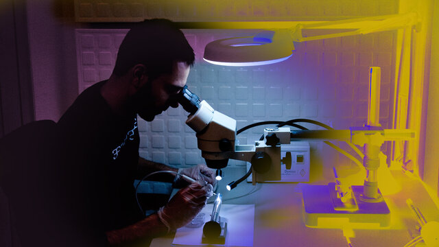 Zdjęcie mężczycny patrzącego przez mikroskop. 