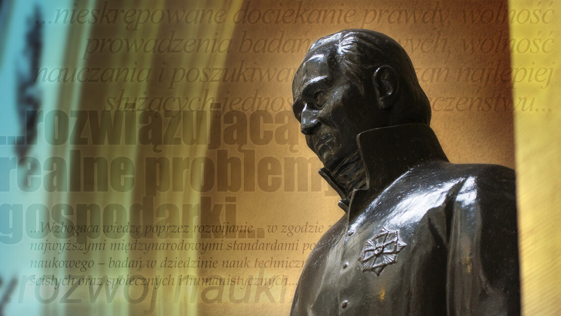 Abstract image showing a fragment of a statue of a man in a niche in a building. In the background, there are fragments of sentences from the university document in Polish.