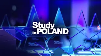 Image of four glass awards in the shape of stars place one beside the other with the words "study in Poland" in the middle of the photo