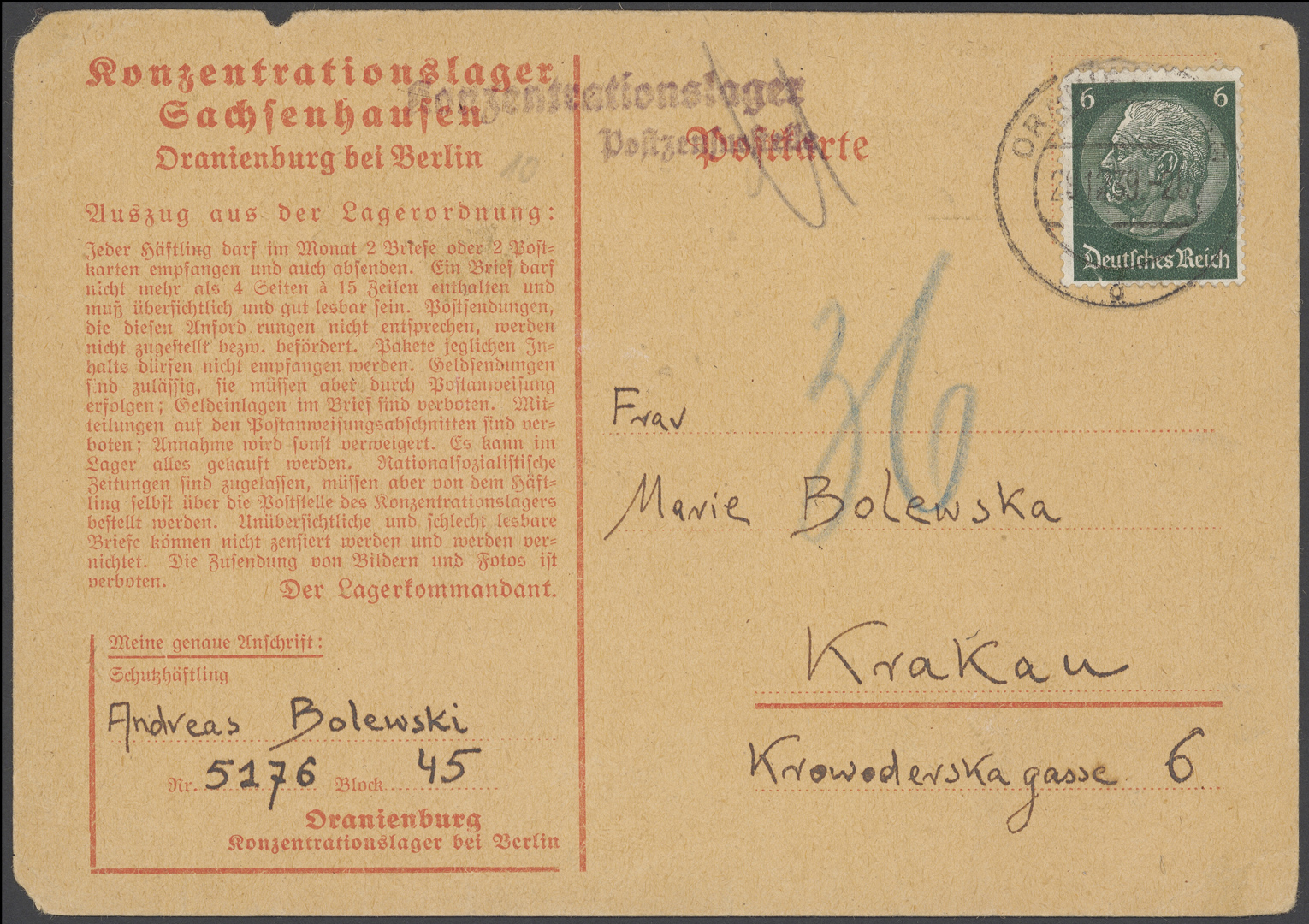 Zdjęcie kartki pocztowej. Lewa część zadrukowana ostrzeżeniami w kolorze czerwonym. Po prawej część adresowa wraz ze znaczkiem pocztowym.