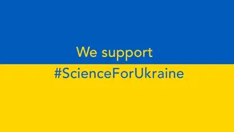 Flaga Ukrainy z napisem "We support #Science For Ukraine"
