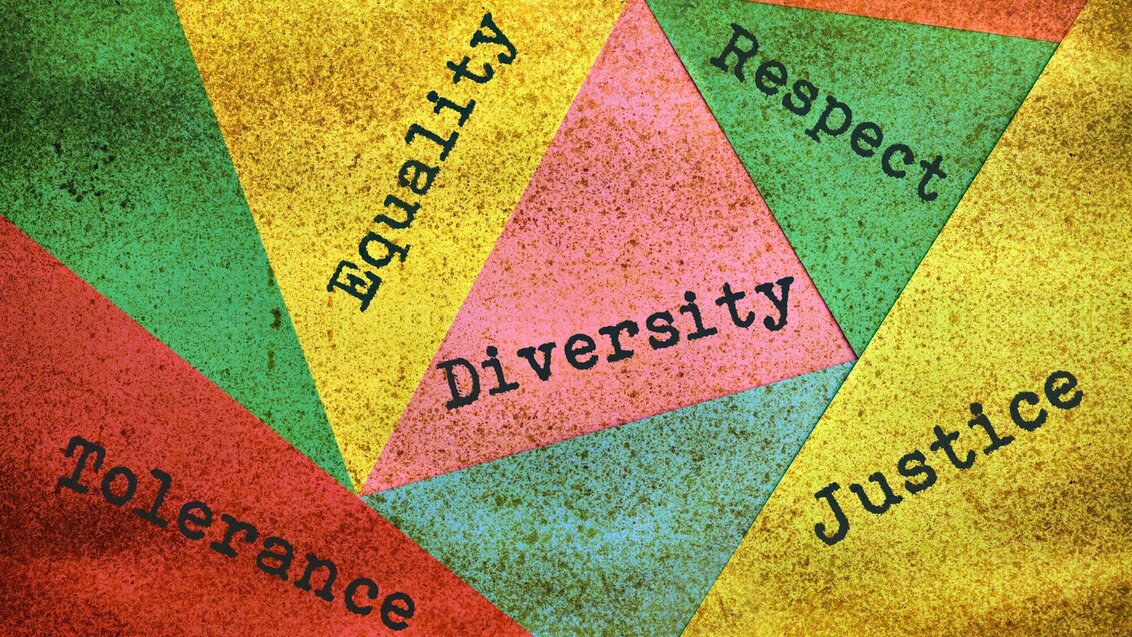 Kolorowa grafika przedstawiająca angielskie słowa dotyczące równości i różnorodności na kolorowym tle.