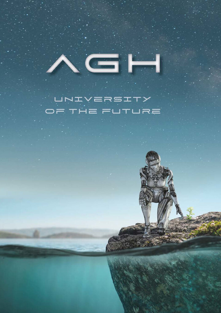 image of the front cover of a brochure devoted to the agh university, water reservoir visible with a human-like robot squatting on the shore
