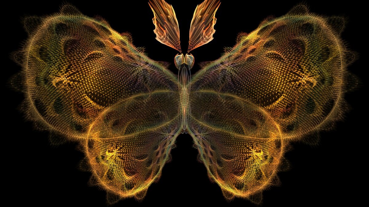 Grafika przedstawia cyfrowy obraz motyla w kolorze żółtym na czarnym tle.