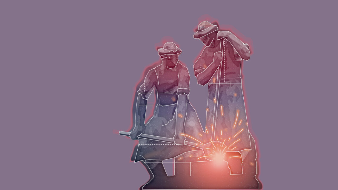 Kolorowa grafika ilustracyjna przedstawiająca figury dwóch hutników z pomnika, który znajduje się przed budynkiem głównym AGH.
