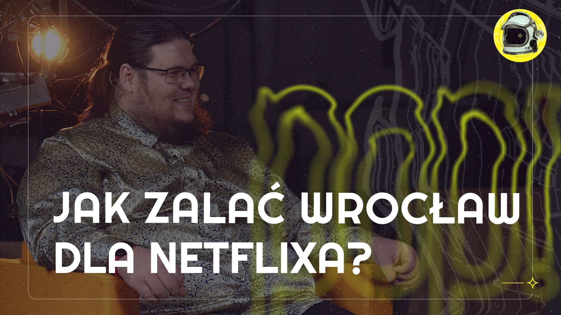 Grafika ilustracyjno-informacyjna z tytułem odcinka pop!castu ("Jak zalać Wrocław dla Netflixa") i kadrem z nagrania przedstawiającym gościa-rozmówcę.